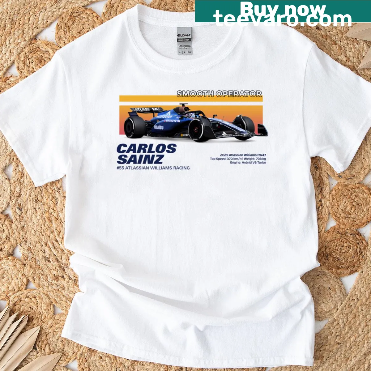 Retro Carlos Sainz racing car design on T-shirt — on a men's t-shirt
