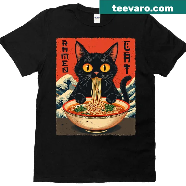 Kawaii t-shirt featuring a cat happily eating ramen noodles