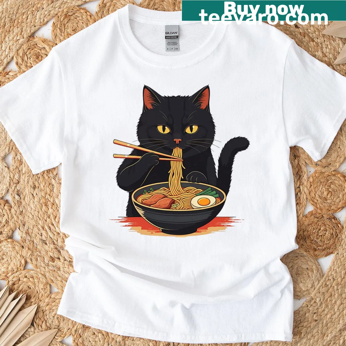 Funny Cat Ramen graphic tee with kawaii style — on a men's t-shirt