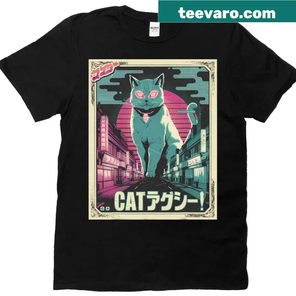 Retro Japanese cityscape T-shirt featuring a cute cat