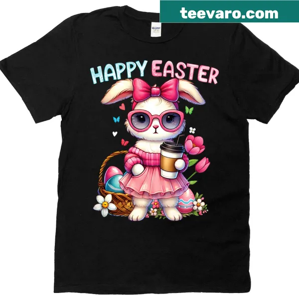 Cute Easter bunny with iced coffee and bow printed T-shirt