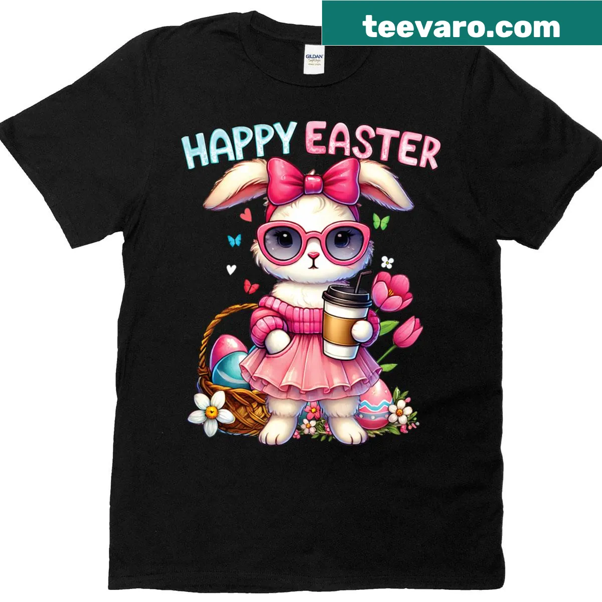 Cute Easter bunny with iced coffee and bow printed T-shirt — on a men's t-shirt