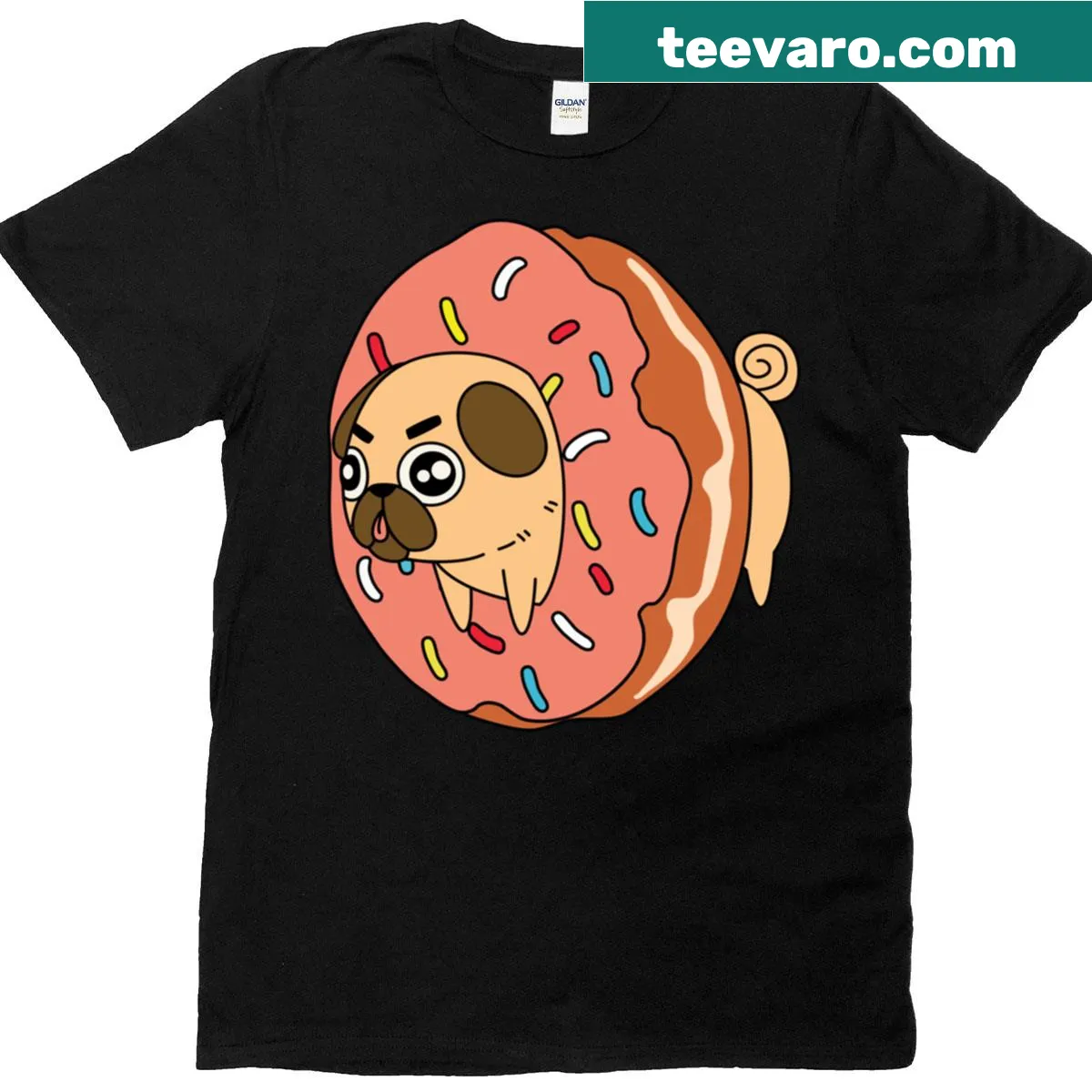 Adorable pug illustration with a donut on a classic t-shirt — on a men's t-shirt