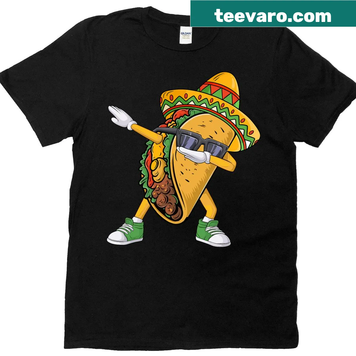 Cartoon dabbing taco design for Cinco de Mayo kids T-shirt — on a men's t-shirt