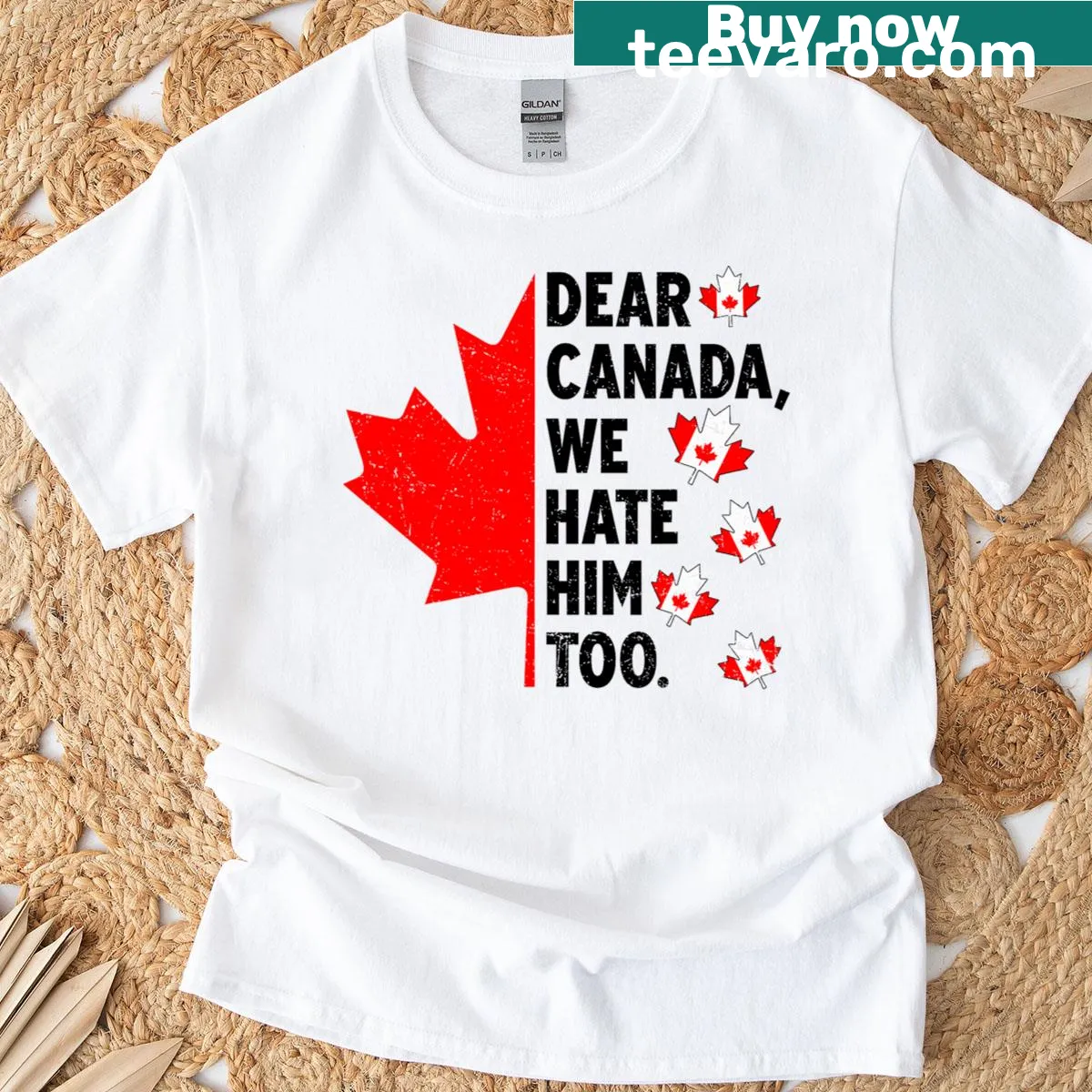 Text 'Dear Canada We Hate Him Too' on political protest T-shirt — on a men's t-shirt