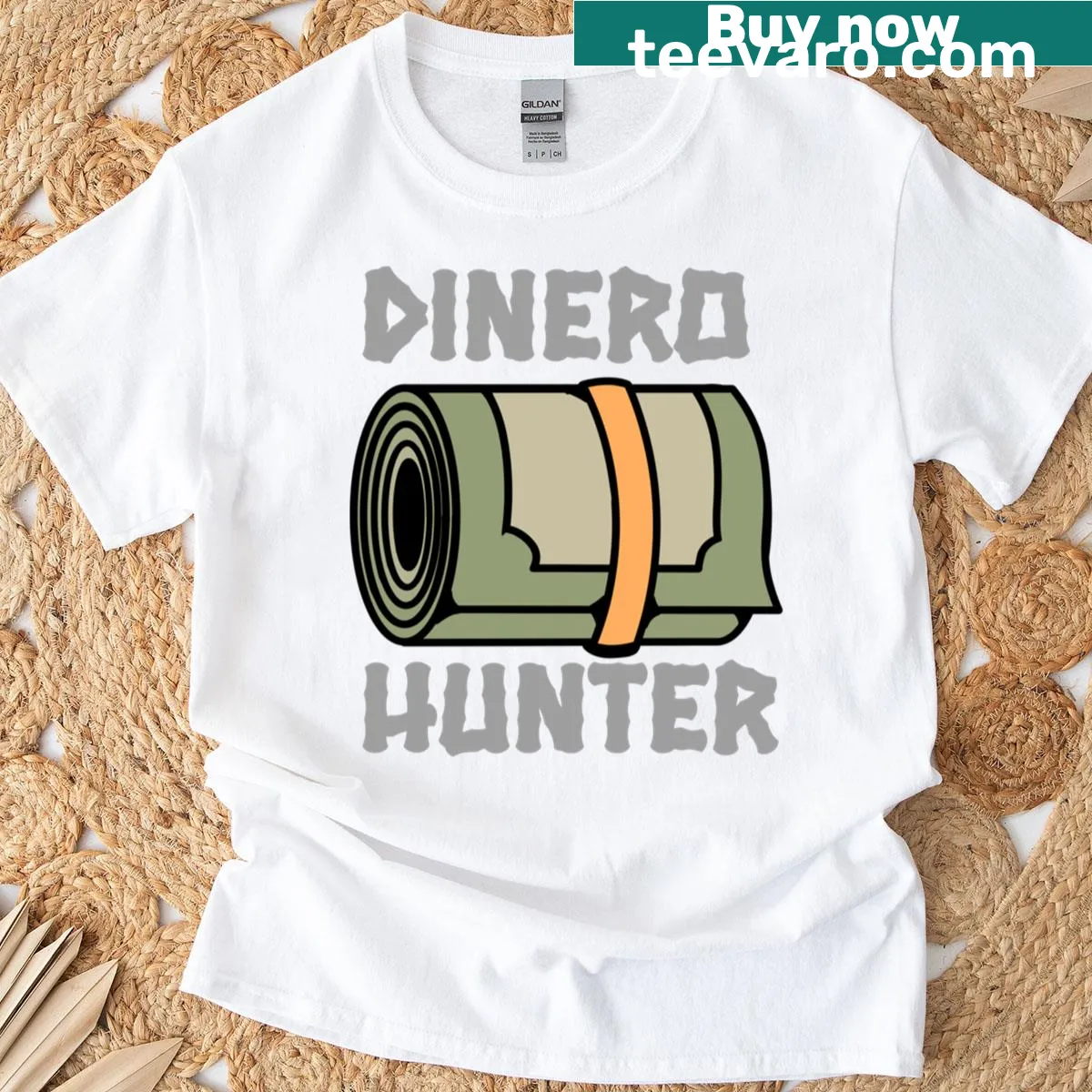 Retro graphic T-shirt with the phrase 'Dinero Hunter' — on a men's t-shirt