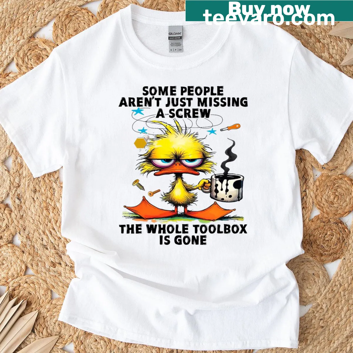 Sarcastic saying t-shirt about missing screws — on a men's t-shirt