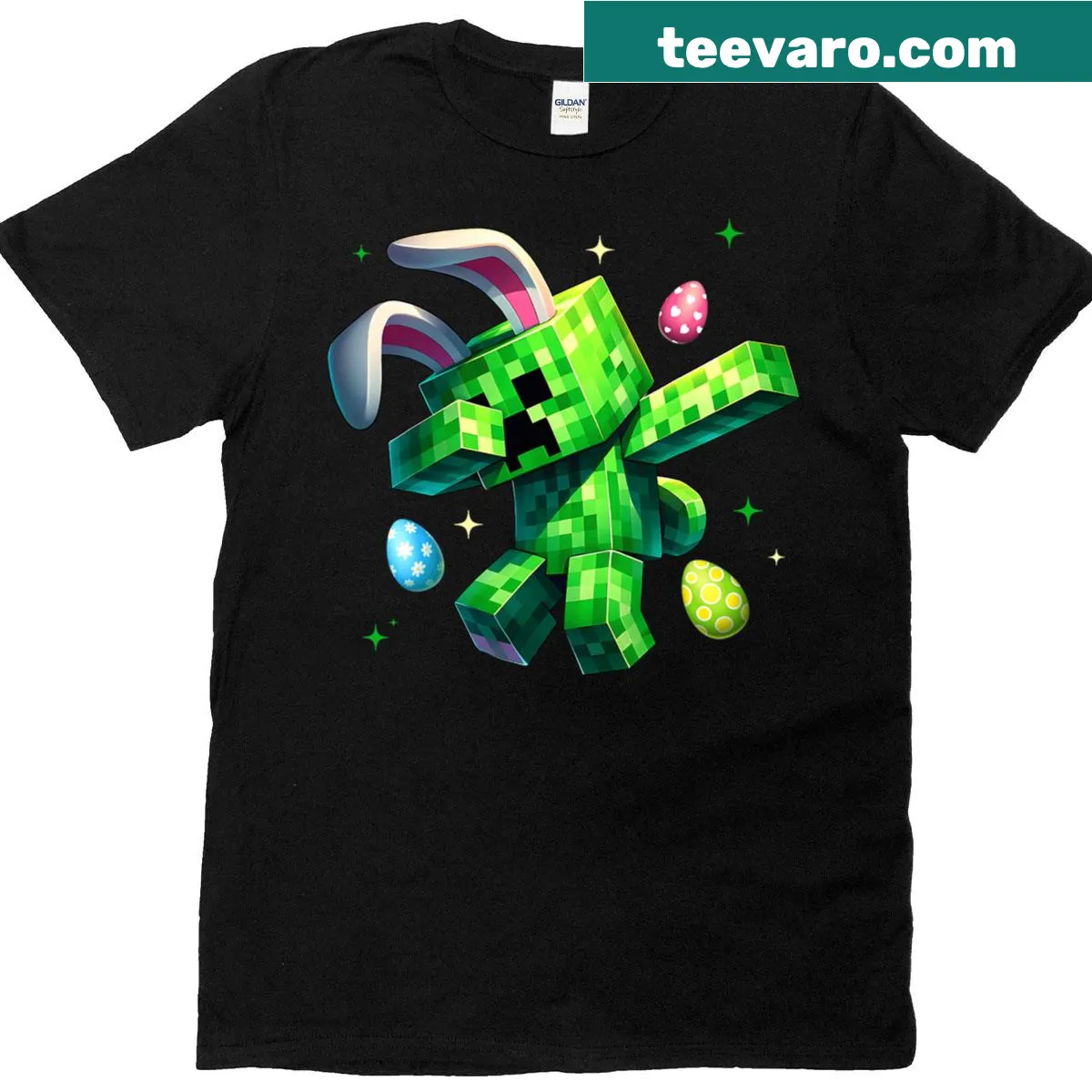 Easter Bunny dabbing pixel art graphic T-shirt — on a men's t-shirt