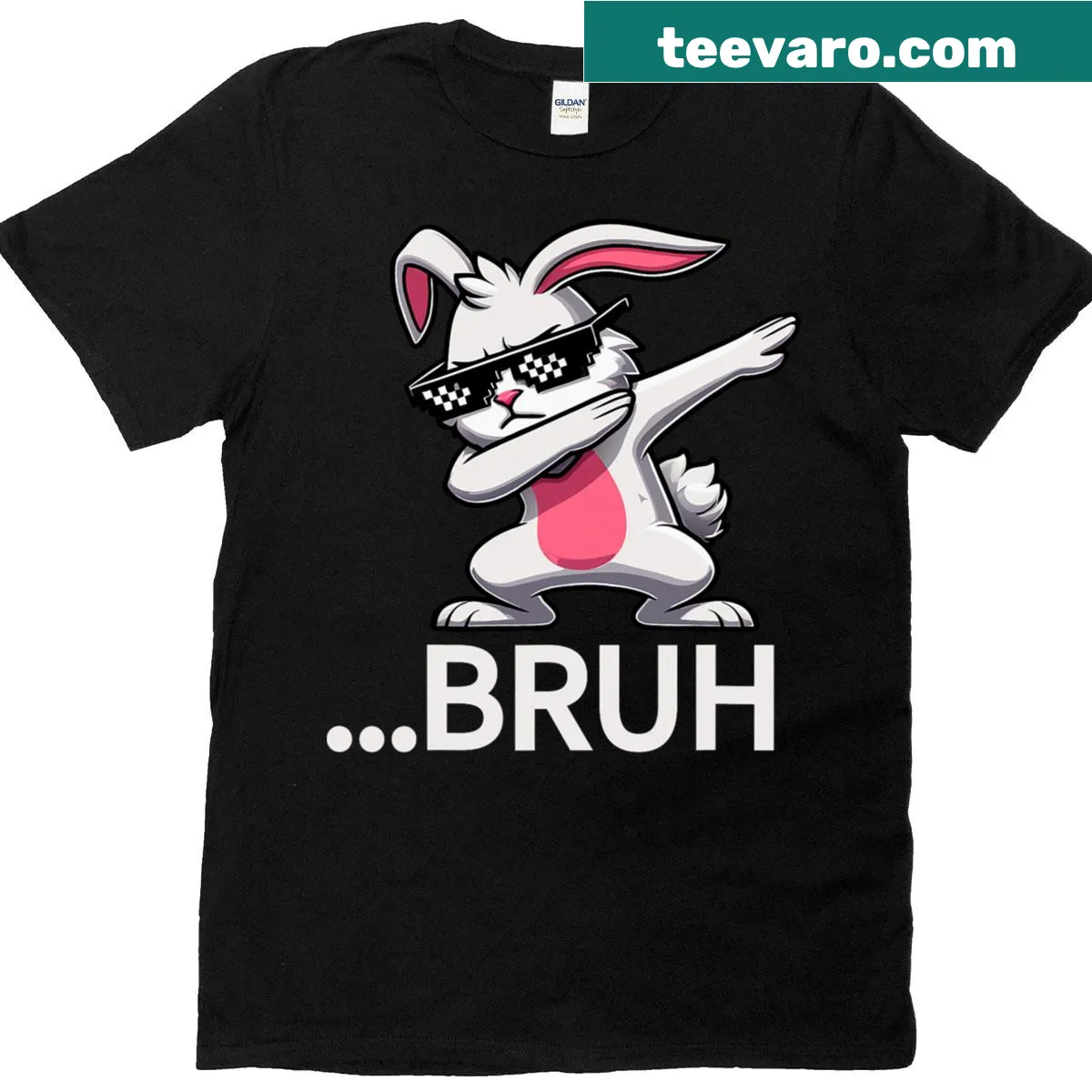 Cartoon dabbing bunny graphic on T-shirt for Easter — on a men's t-shirt