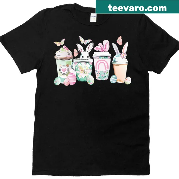 Easter bunny T-shirt featuring coffee cups and eggs