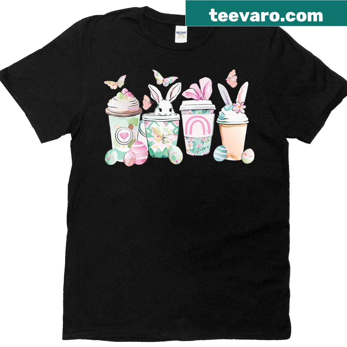 Easter bunny T-shirt featuring coffee cups and eggs — on a men's t-shirt