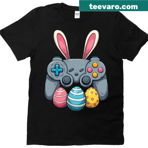 Easter-themed t-shirt with a bunny holding a game controller and decorated eggs