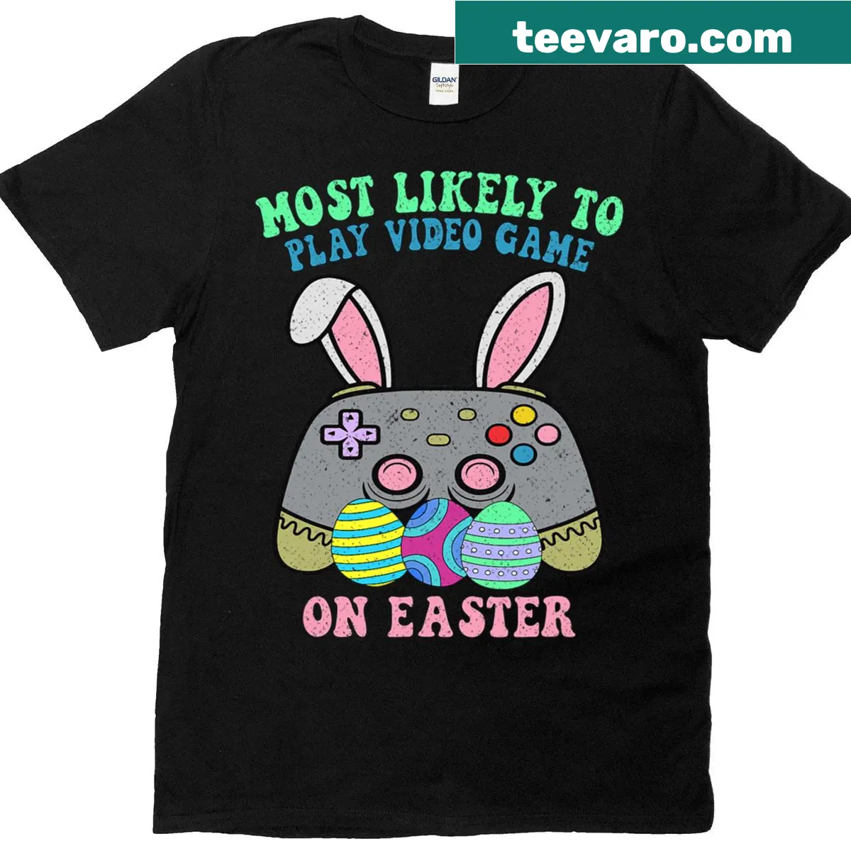 Funny gaming bunny graphic for Easter T-shirt — on a men's t-shirt
