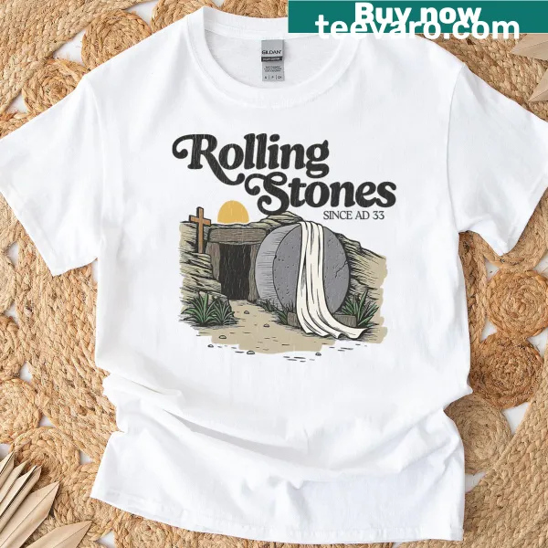 Retro graphic T-shirt with the Easter message 'The Stone Was Rolled Away, He Is Alive.'