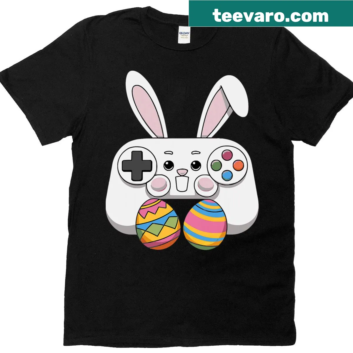 Cartoon gaming bunny with eggs graphic on T-shirt — on a men's t-shirt