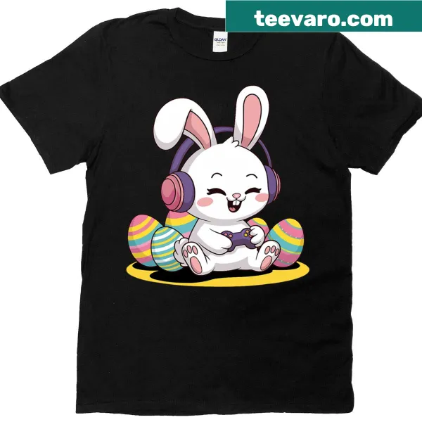 Easter-themed T-shirt with a bunny and gaming controller illustration