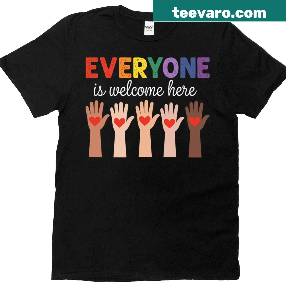 Funny T-shirt with the quote 'Everyone Is Welcome Here' for teachers — on a men's t-shirt