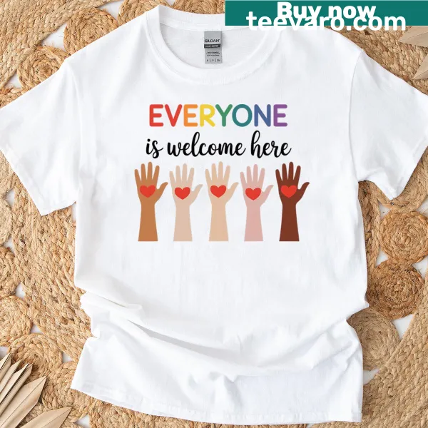 Vintage-style t-shirt with the phrase 'Everyone Is Welcome Here' for teachers