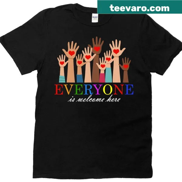 Supportive T-shirt for Idaho teachers with 'Everyone Is Welcome Here' and heart design