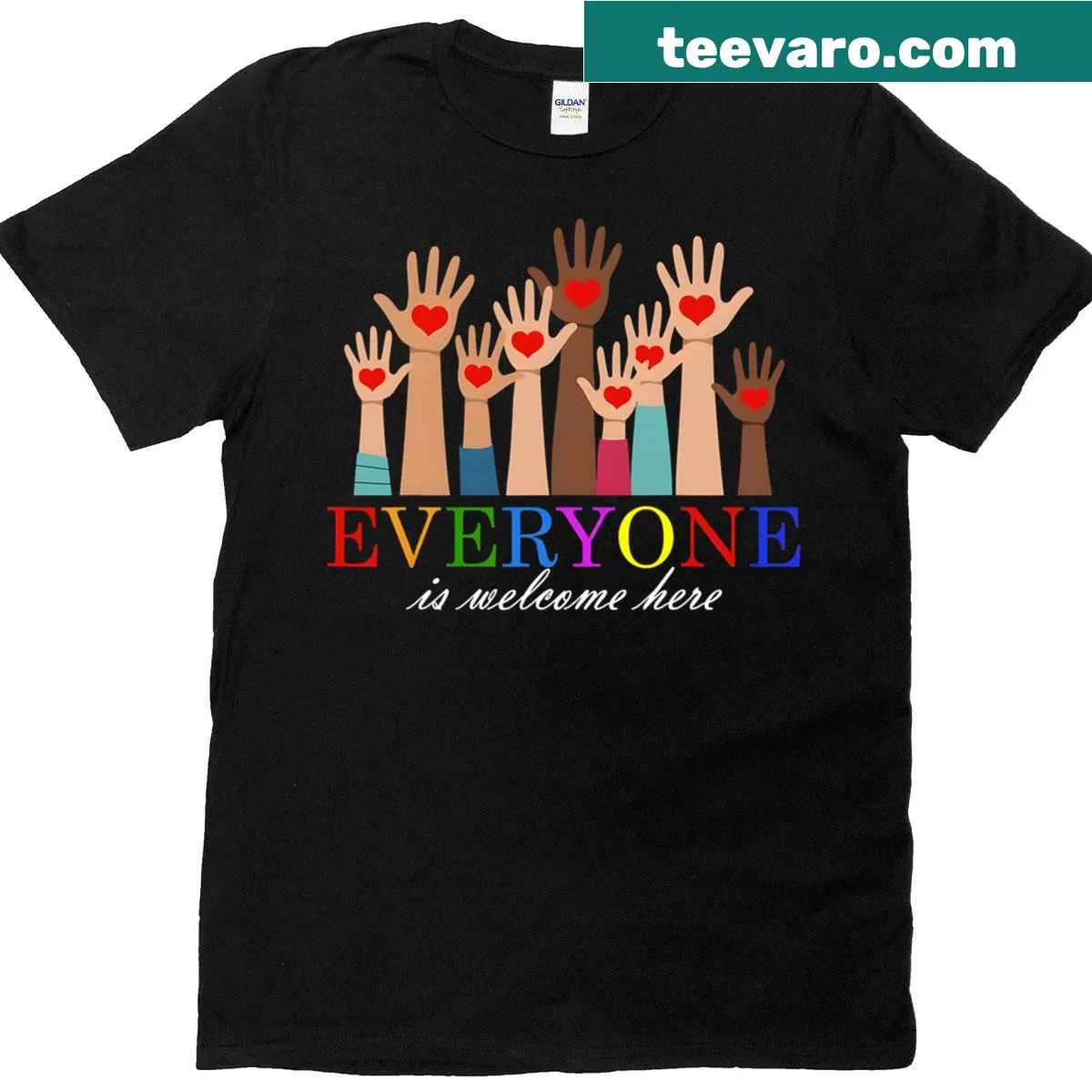 Supportive T-shirt for Idaho teachers with 'Everyone Is Welcome Here' and heart design — on a men's t-shirt