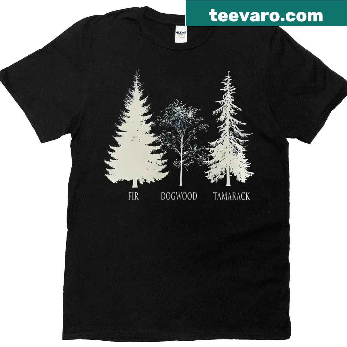 Illustrated T-shirt featuring Fir, Dogwood, and Tamarack trees — on a men's t-shirt