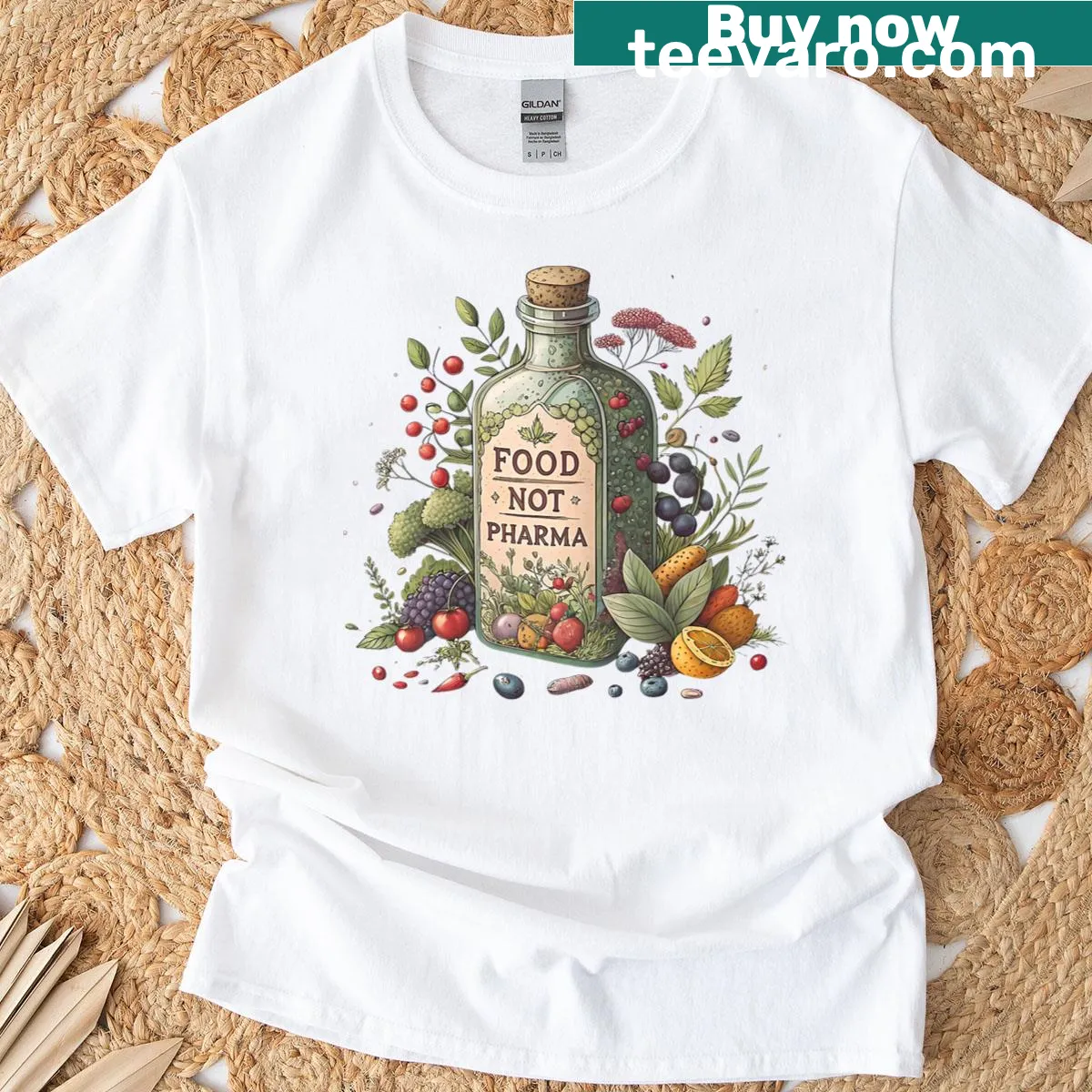 Message t-shirt with 'Food Not Pharma' promoting natural nutrition — on a men's t-shirt