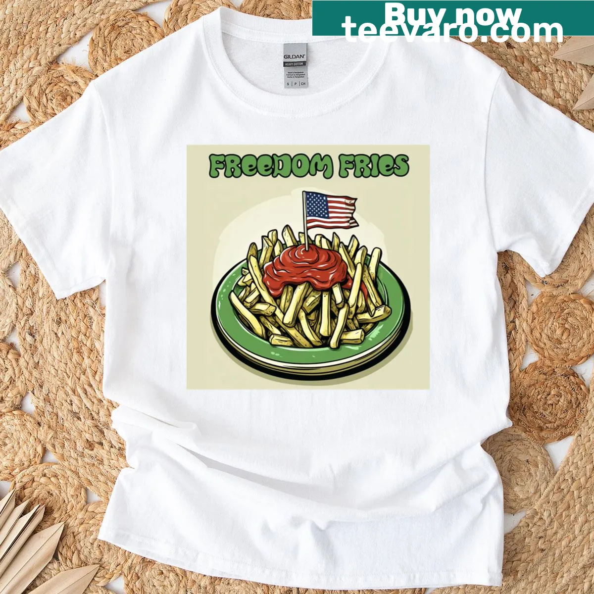 Playful typography t-shirt featuring 'Freedom Fries' — on a men's t-shirt