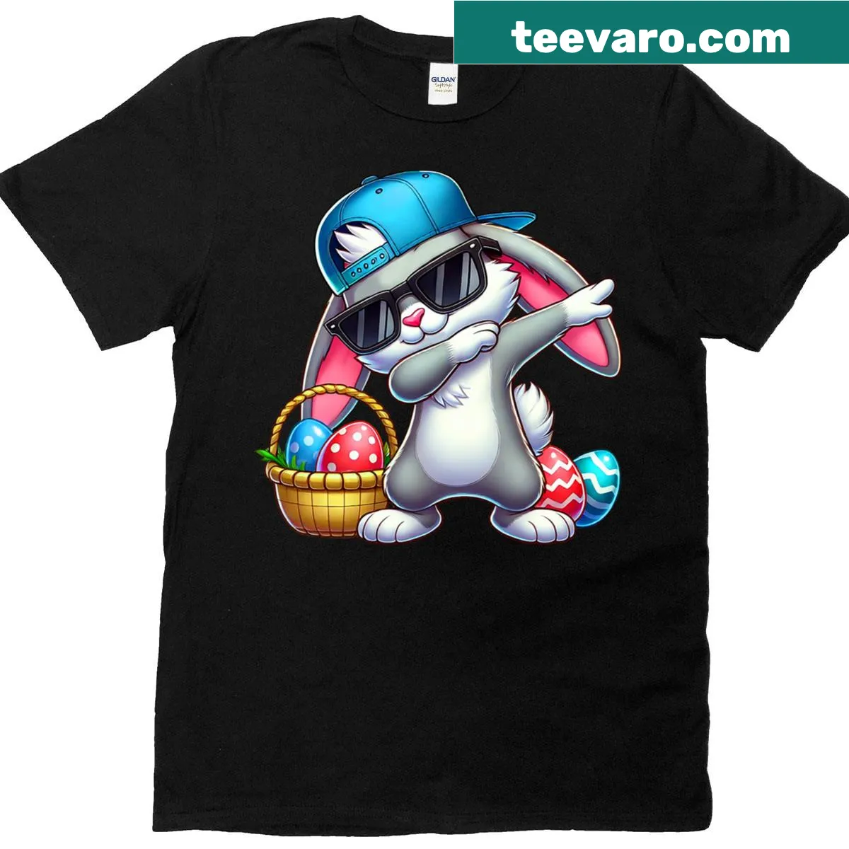 Cartoon dabbing rabbit with Easter eggs, fun graphic for kids — on a men's t-shirt