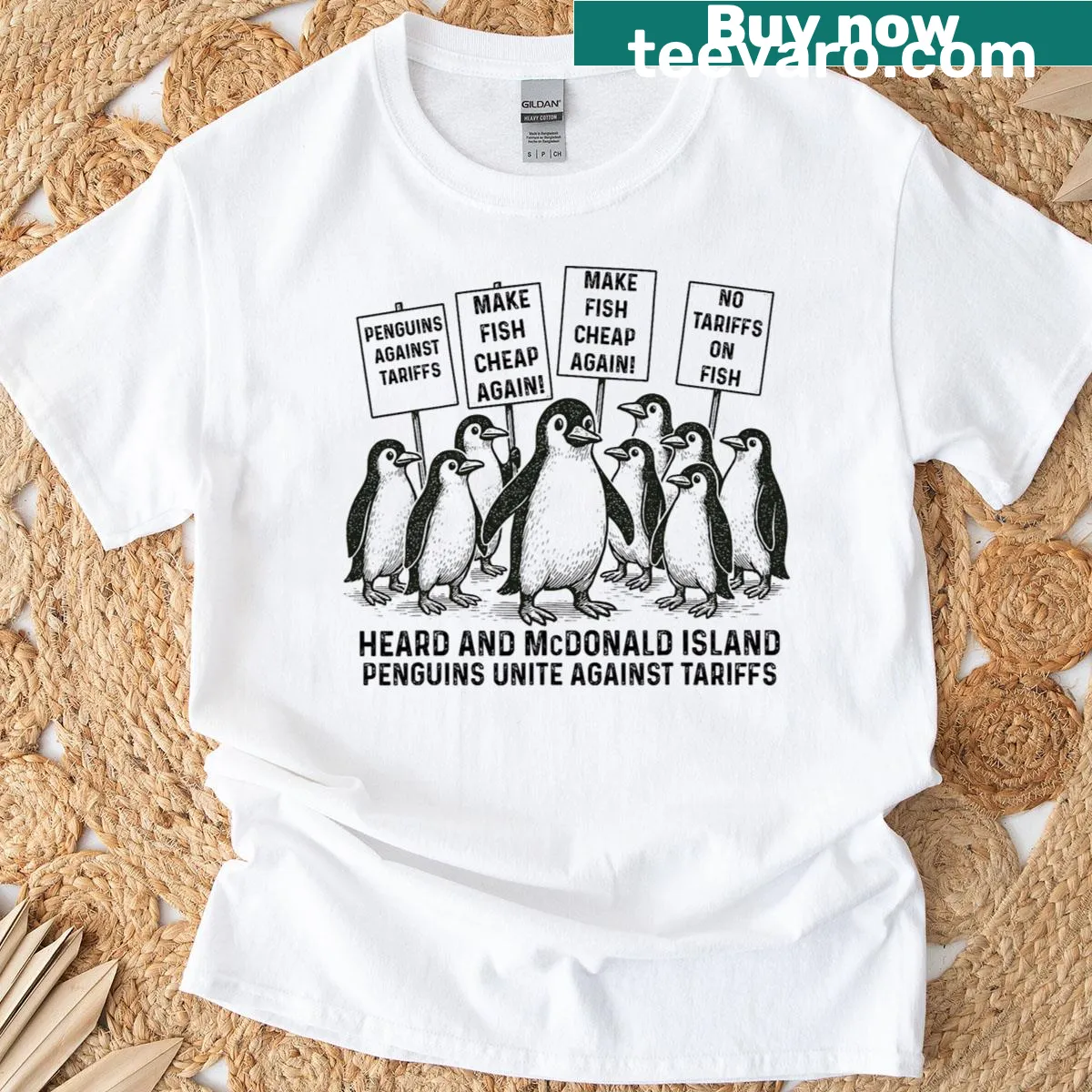 Graphic of penguins from Heard Island resisting tariffs — on a men's t-shirt