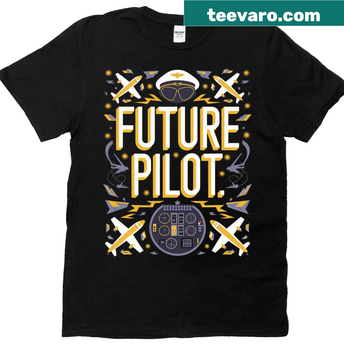 Future Pilot design with airplane graphic and text — on a men's t-shirt