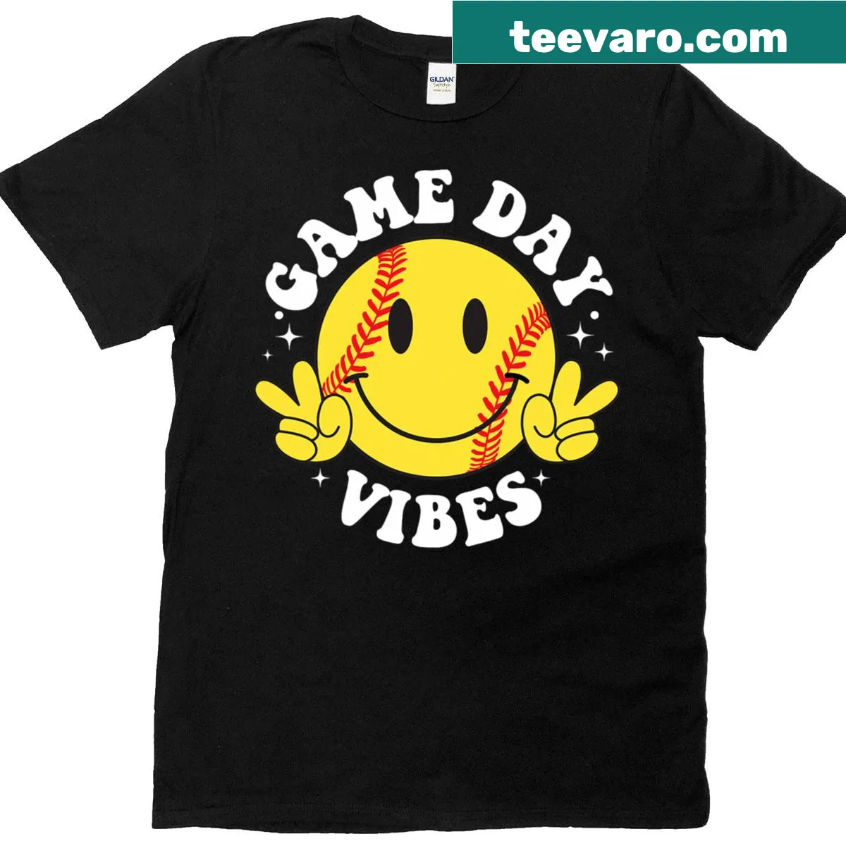 Softball Game Day Vibes T-shirt with smiley face illustration — on a men's t-shirt