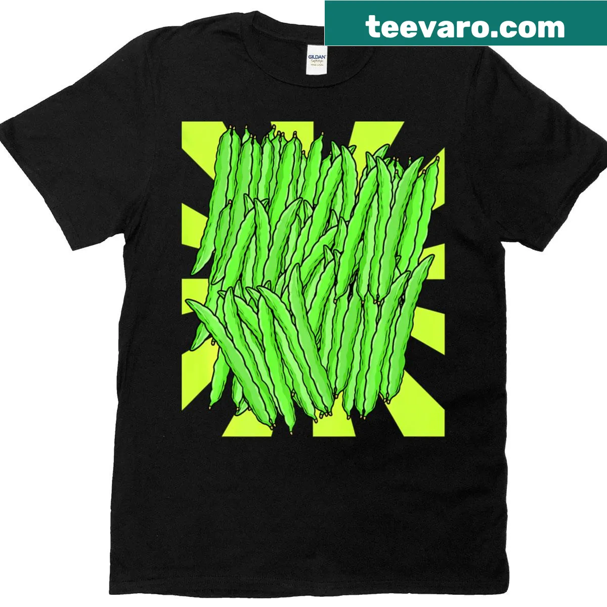 Retro gardener T-shirt with green beans graphic — on a men's t-shirt