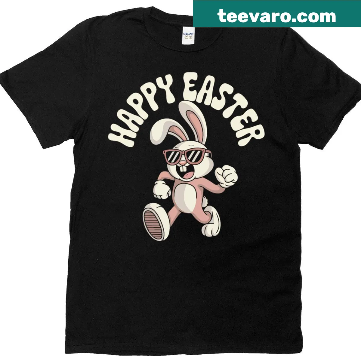 Funny Easter bunny graphic t-shirt with groovy vibes — on a men's t-shirt