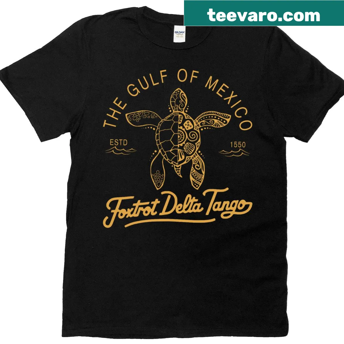 Playful badge-style t-shirt featuring Gulf of Mexico turtle graphic — on a men's t-shirt