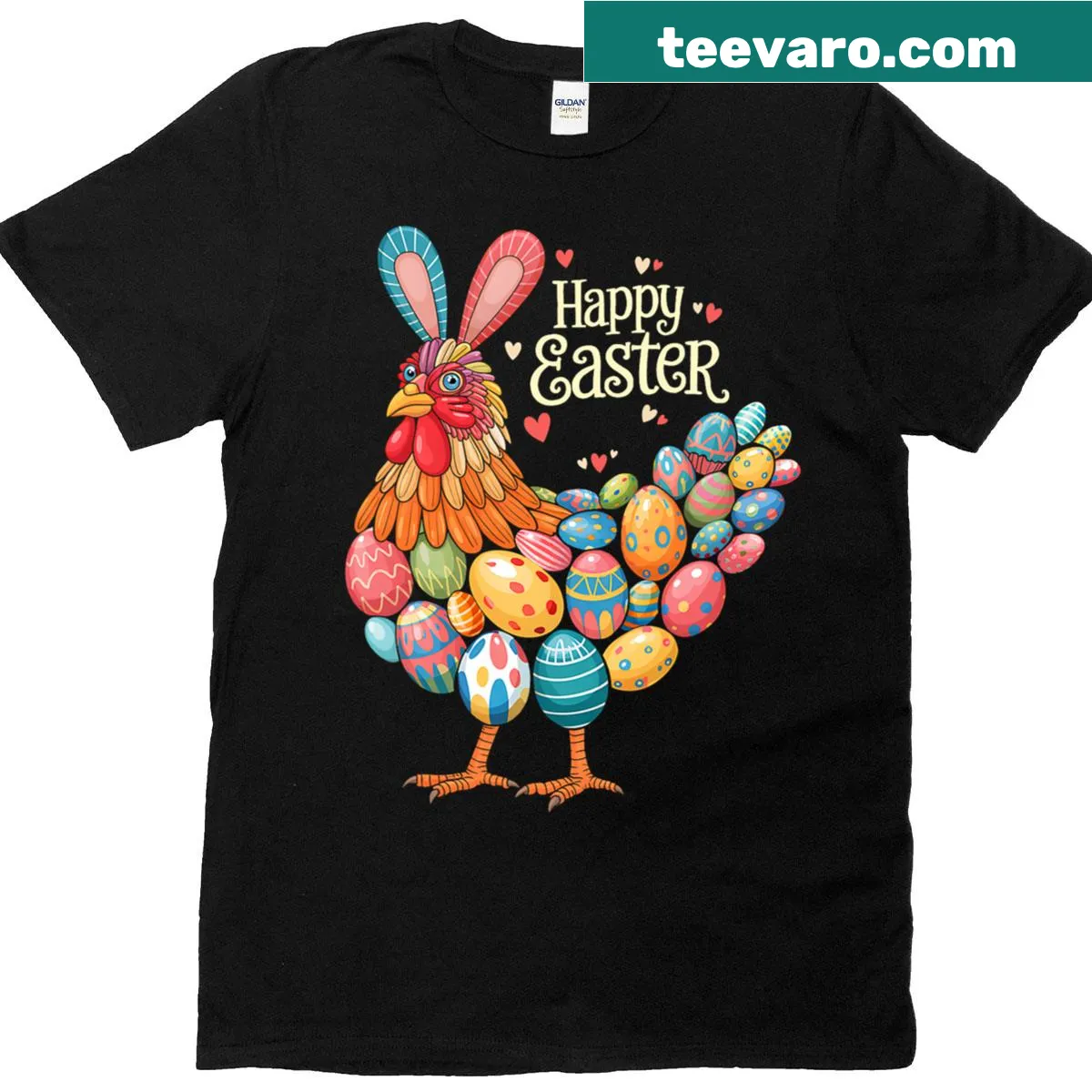 Easter t-shirt with chickens, bunnies, and colorful eggs — on a men's t-shirt