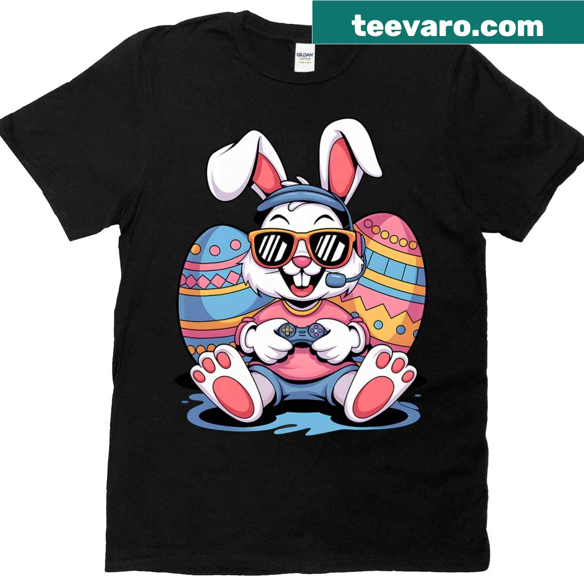 Cute Easter-themed t-shirt with a bunny playing video games for kids — on a men's t-shirt