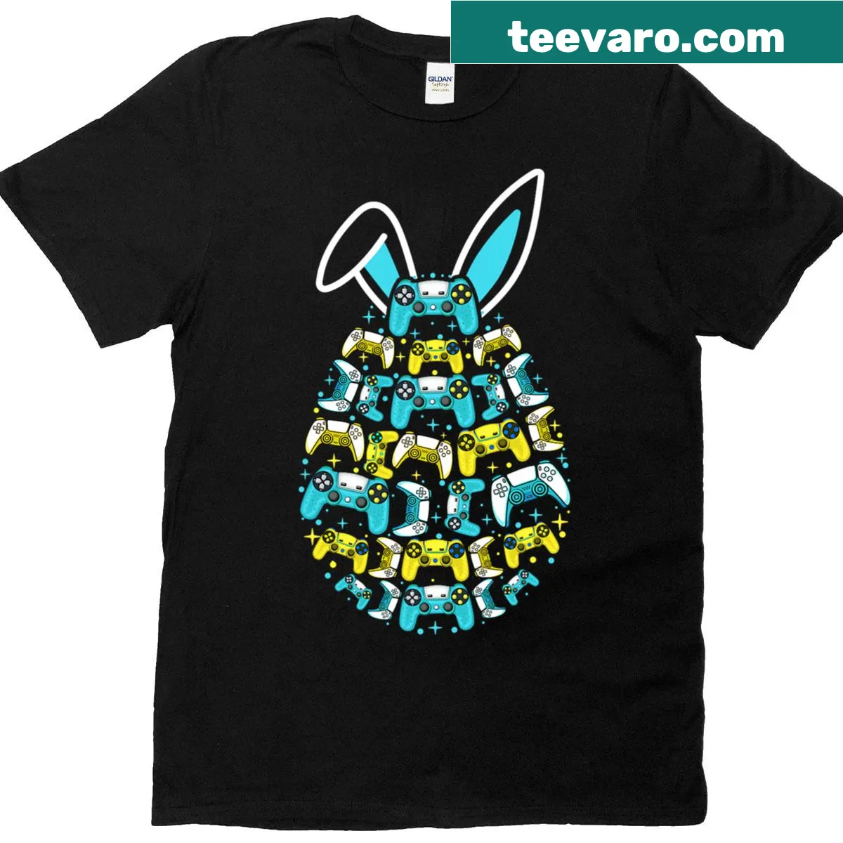 Playful gaming bunny holding an egg graphic t-shirt for kids — on a men's t-shirt