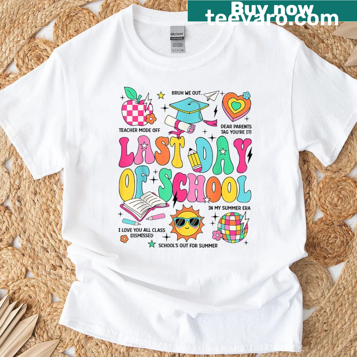 Happy Last Day Of School T-shirt with celebratory text — on a men's t-shirt