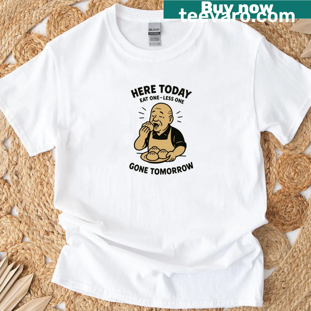T-shirt featuring a bao bun graphic with fun text — on a men's t-shirt