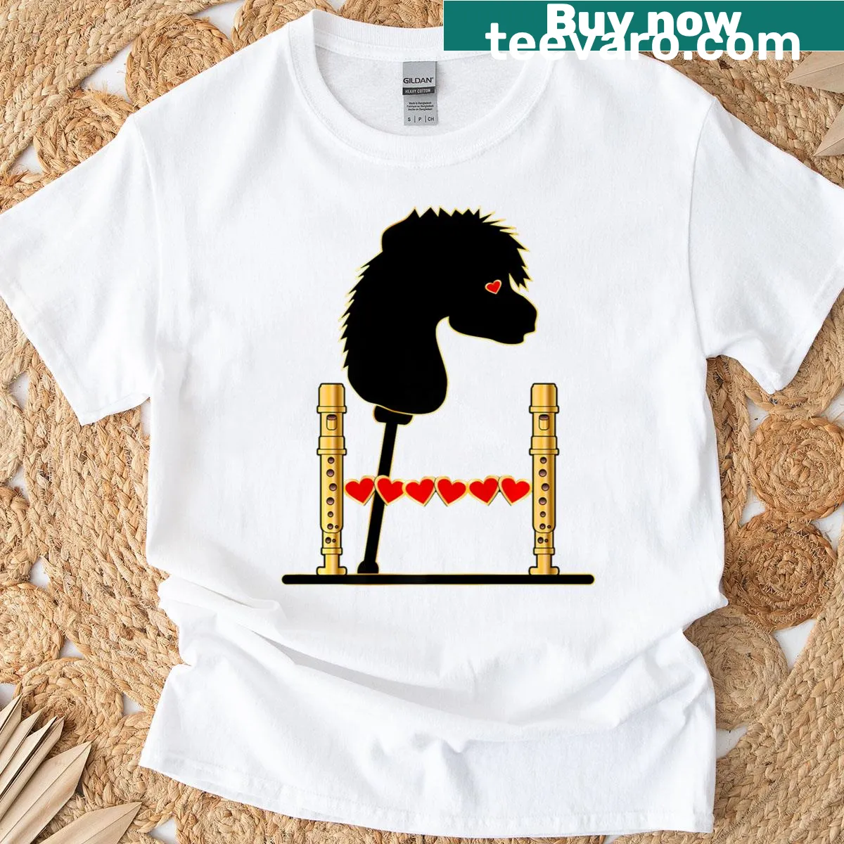 Premium T-shirt featuring kids playing soprano recorders while hobby horsing — on a men's t-shirt