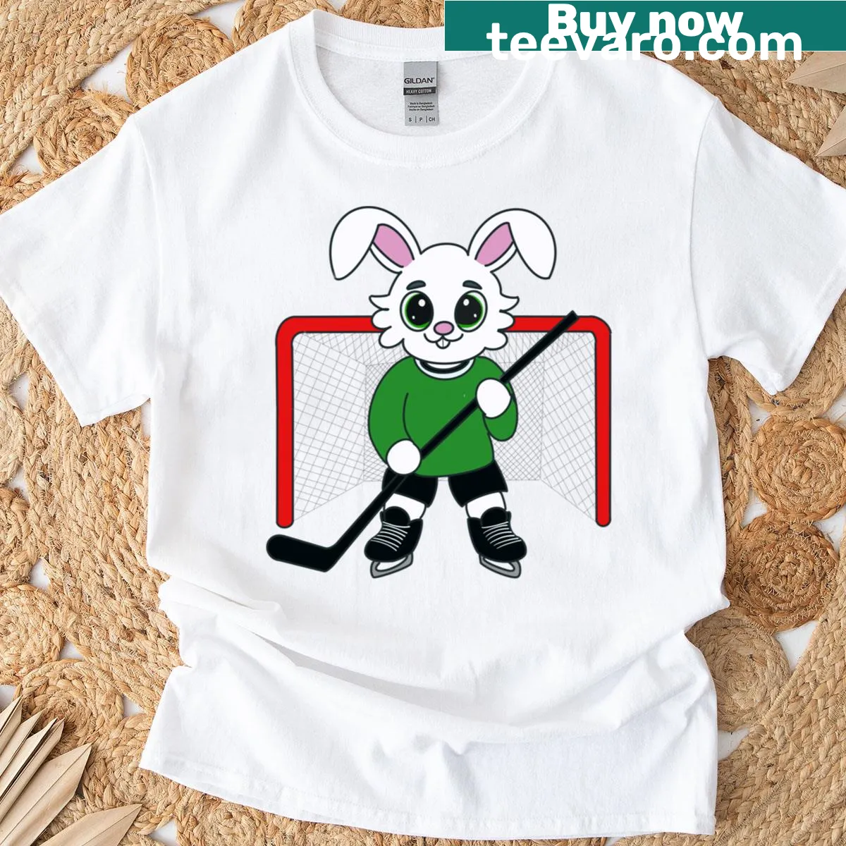 Playful illustration of a hockey-playing Easter Bunny — on a men's t-shirt