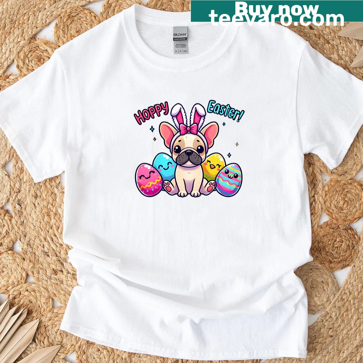 Cute French Bulldog in bunny costume for Easter celebration — on a men's t-shirt
