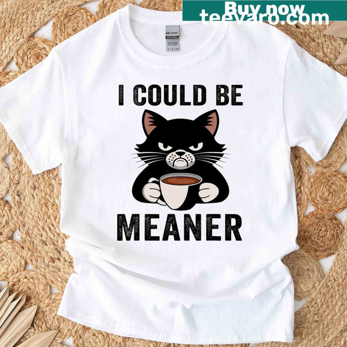 Sarcastic T-shirt with a cat and coffee graphic and funny quote — on a men's t-shirt