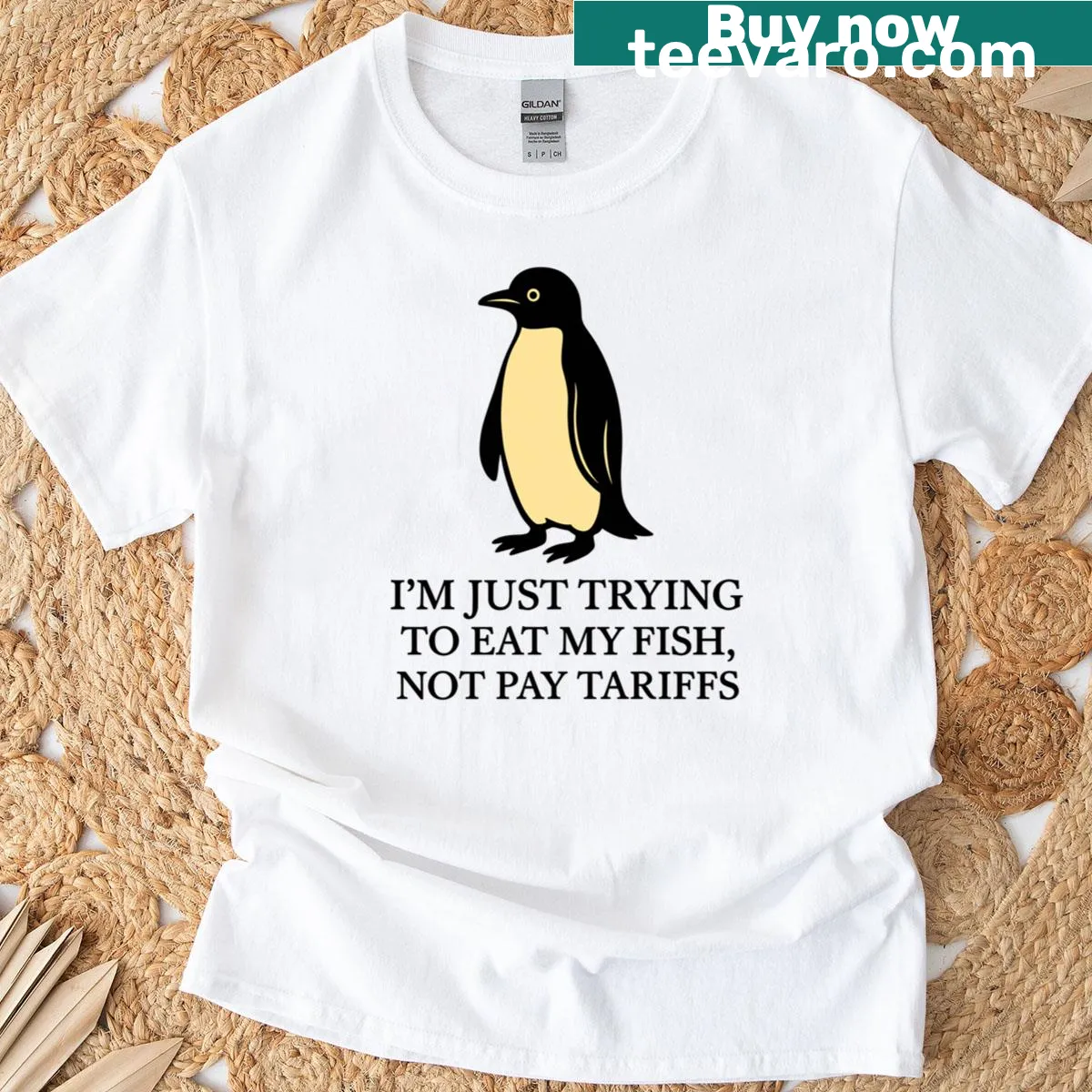 Funny T-shirt with the phrase about fish and tariffs — on a men's t-shirt