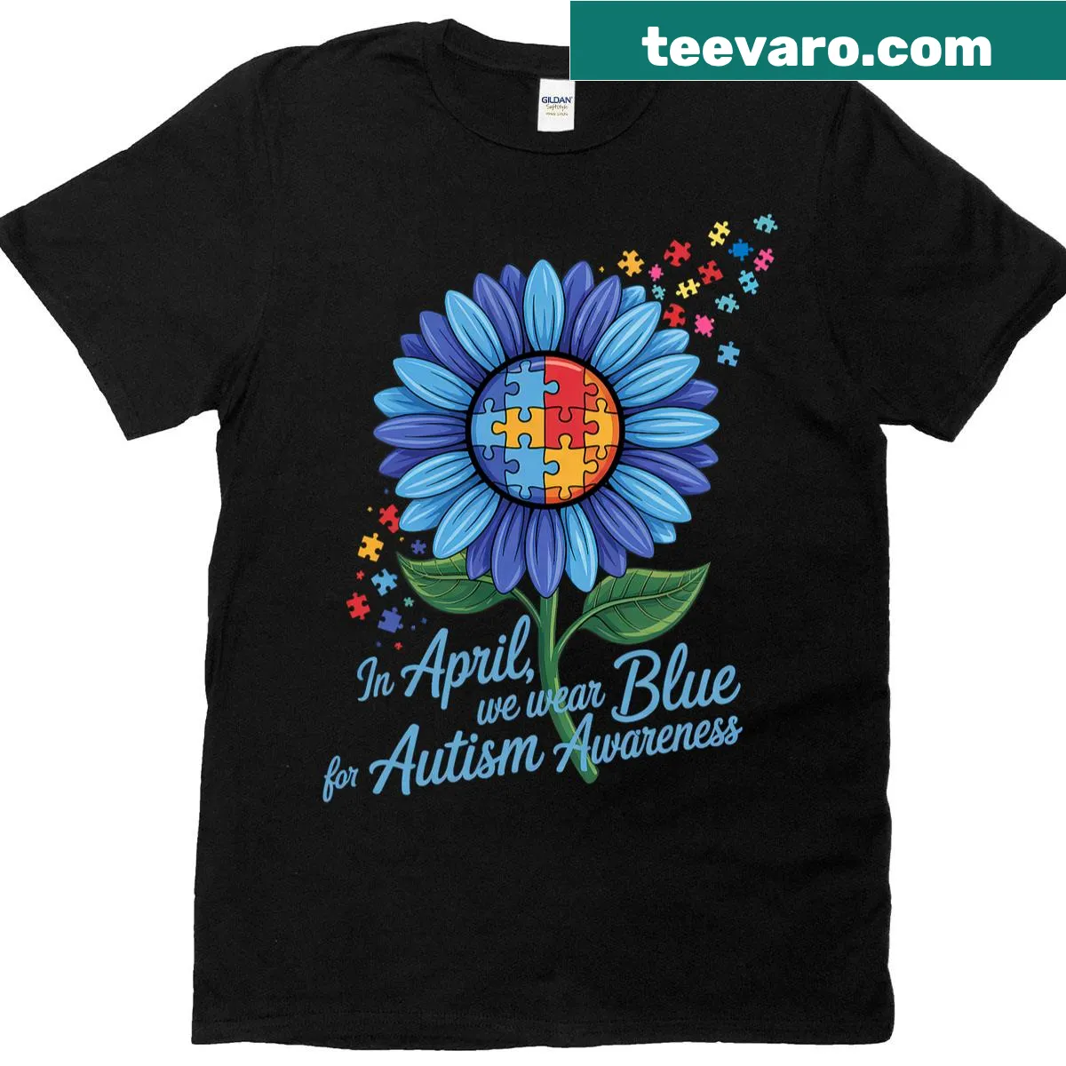 Autism awareness T-shirt with puzzle sunflower design — on a men's t-shirt