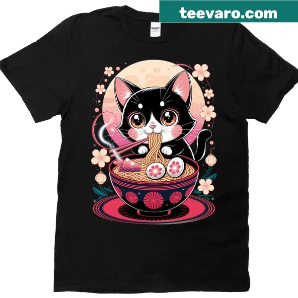 Anime-style T-shirt featuring a cat eating ramen
