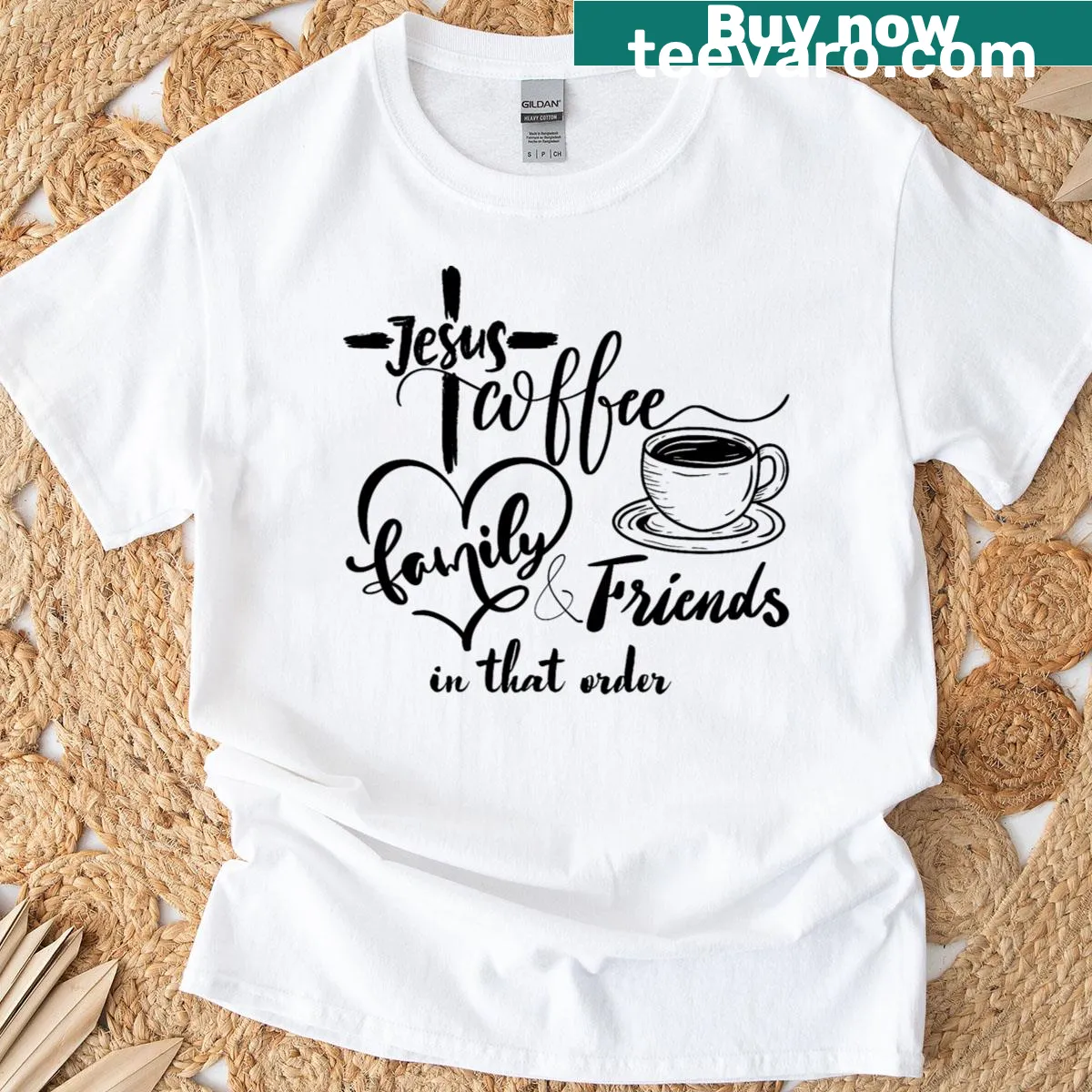 Wholesome t-shirt with the phrase 'Jesus, Coffee, Family, and Friends' — on a men's t-shirt