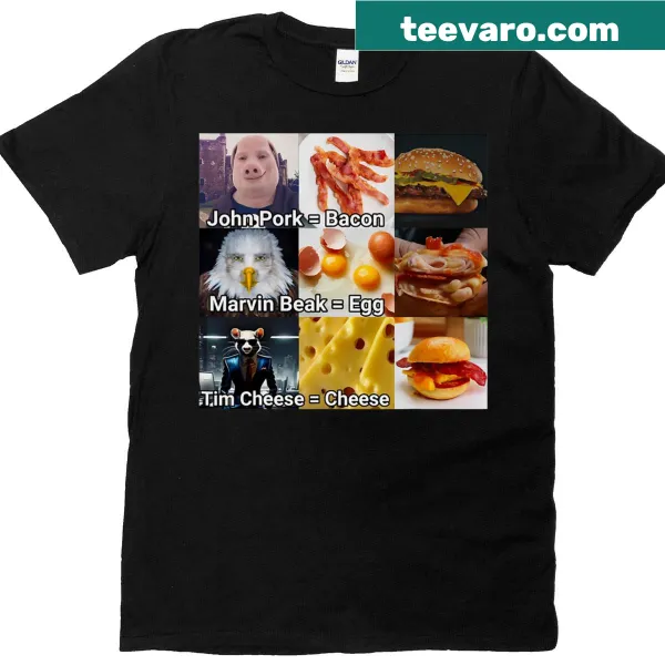 Cartoon breakfast characters on Funny Bacon Egg Cheese T-shirt