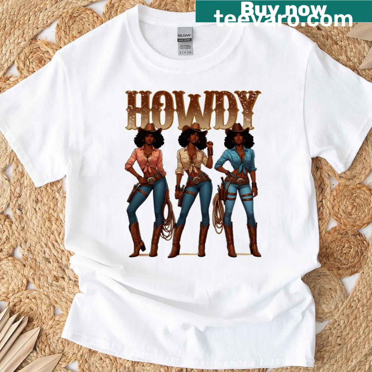 T-shirt featuring a cowgirl illustration for Juneteenth celebration — on a men's t-shirt