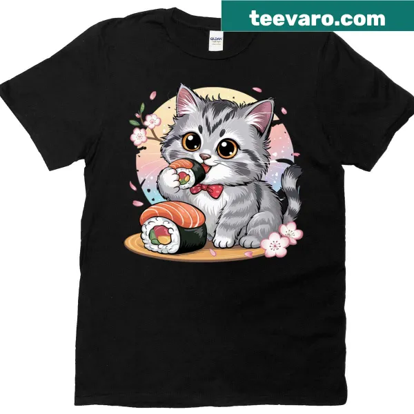 Cute kawaii cat eating sushi illustration on a T-shirt